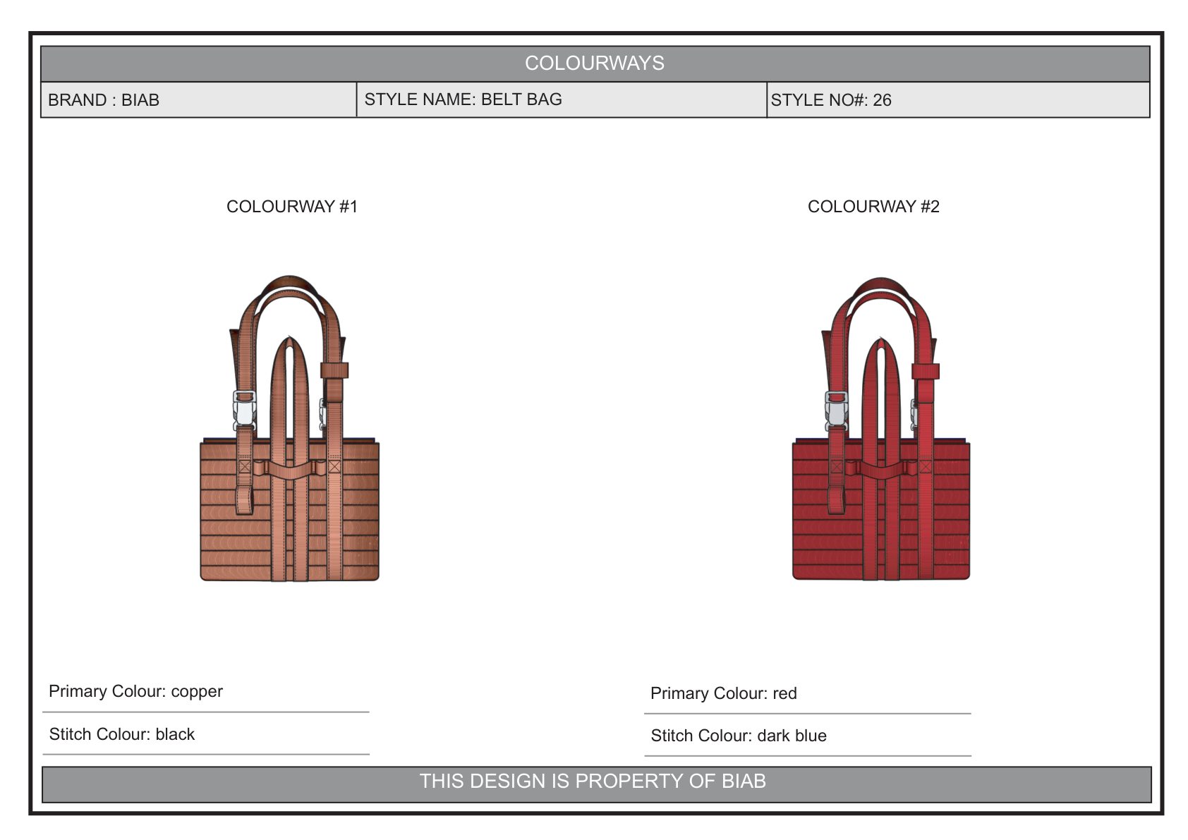 Belt Bag — colourways sheet, copper and red