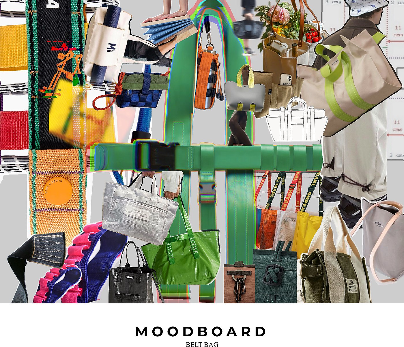 Moodboard for the belt bag — everyday carry, straps, buckles, colour blocking