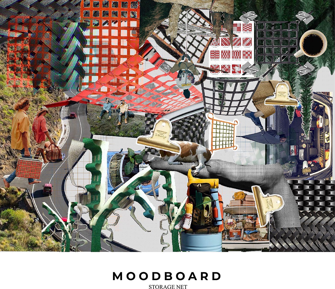 Moodboard for the storage net — cargo, grids, load-bearing webbing