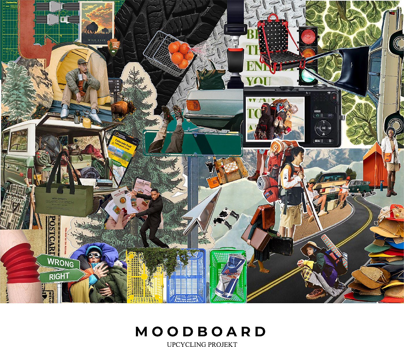 Moodboard for the upcycling project — camping, road, industrial surfaces, reclaimed colour