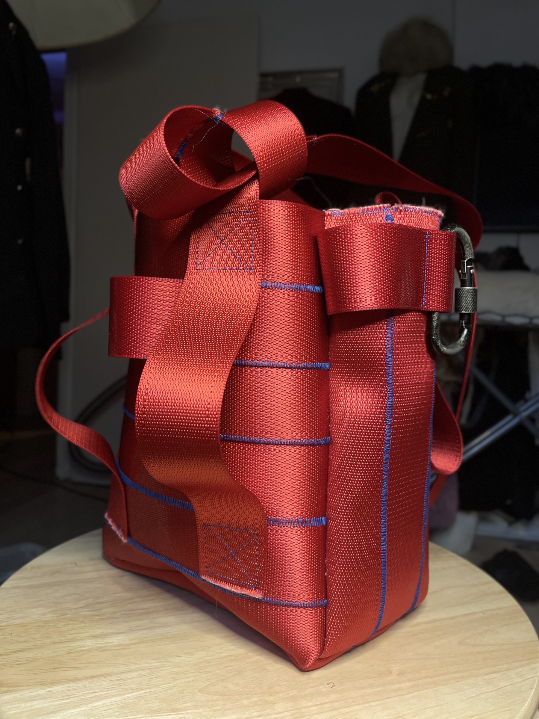 Belt Bag in woven seat-belt webbing, red with blue stitching