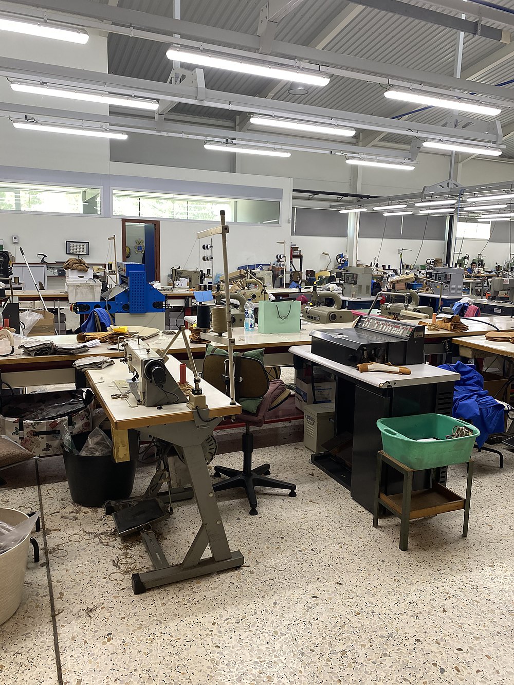 Work benches with machines and materials in progress