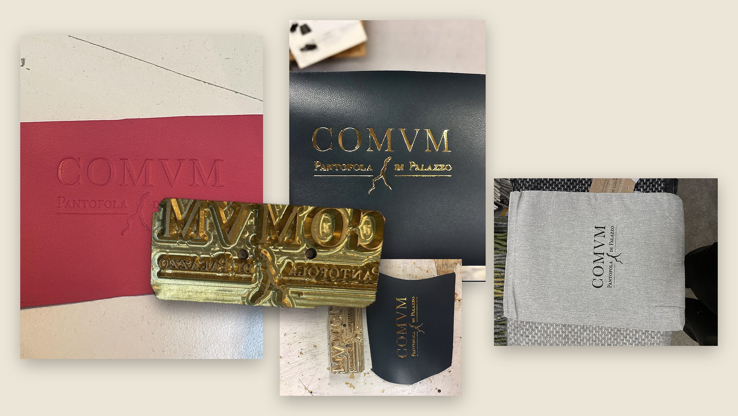 The brass stamp lifted free above its impressions — blind-embossed into red leather, struck in gold on black, and printed on the dust bag