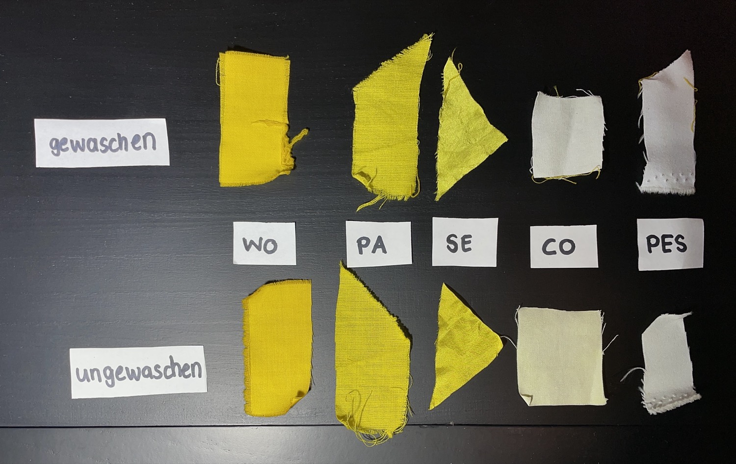 Fastness test series — wool, polyamide, silk, cotton and polyester coupons, washed against unwashed