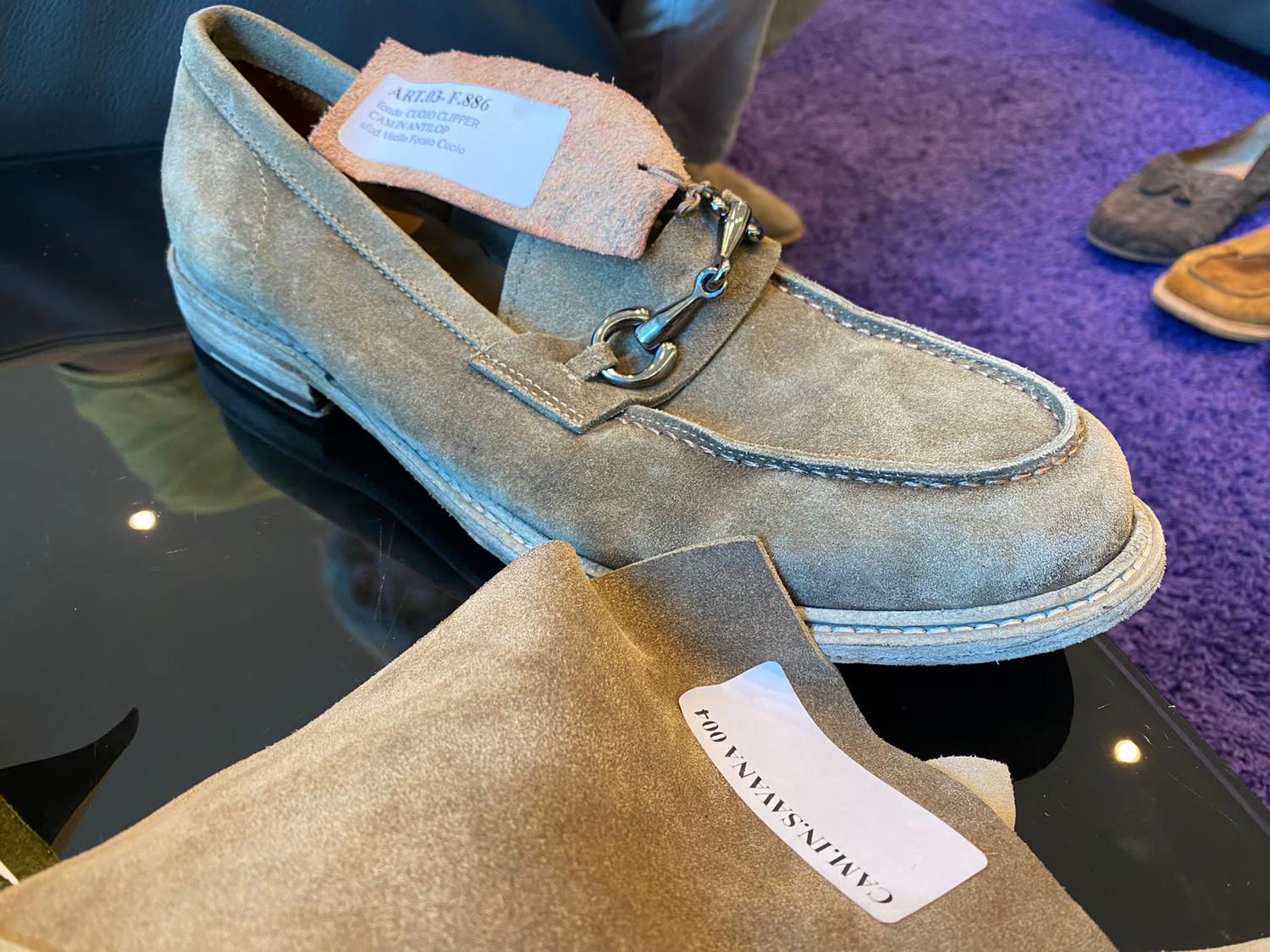 Suede bit loafer with supplier sample tags, MICAM
