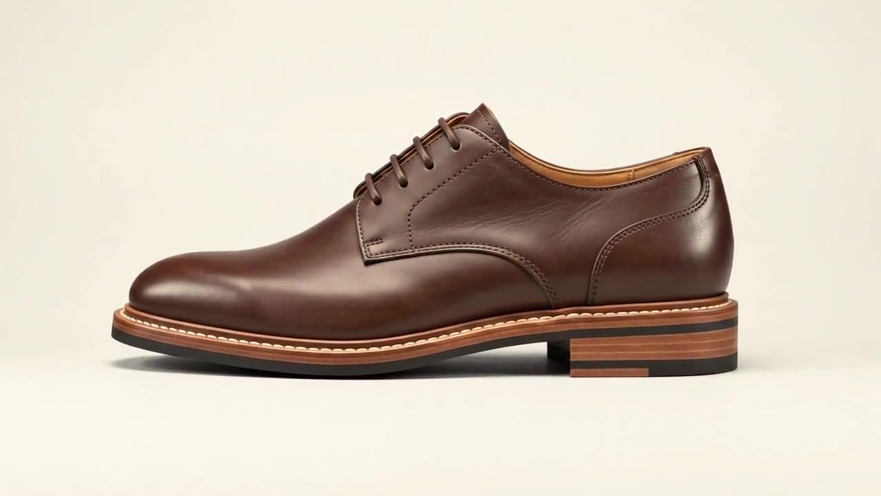 A finished welted derby in brown leather